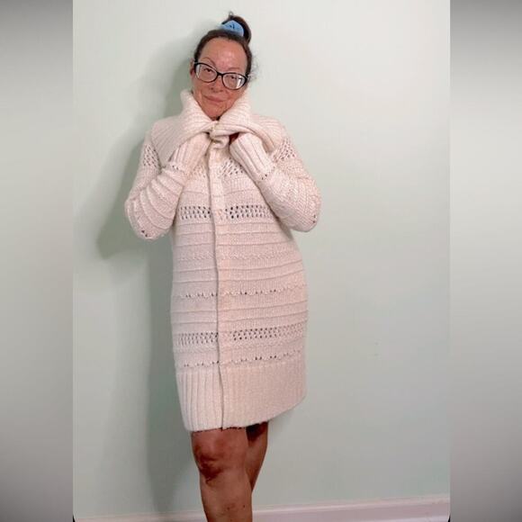 Rachel Roy Long Sweater Coat Beige Wide Collar Size Small - Picture 2 of 11